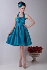 Halter A-line Knee Length Teal Blue Taffeta Short Prom Dress Cheap