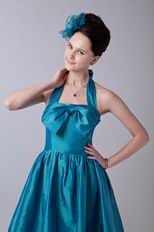 Halter A-line Knee Length Teal Blue Taffeta Short Prom Dress Cheap