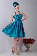 Halter A-line Knee Length Teal Blue Taffeta Short Prom Dress Cheap