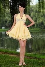 Sexy Halter Appliques Mini Length Yellow Short Prom Dress