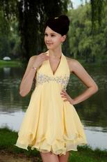 Sexy Halter Appliques Mini Length Yellow Short Prom Dress