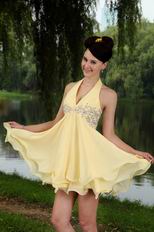 Sexy Halter Appliques Mini Length Yellow Short Prom Dress