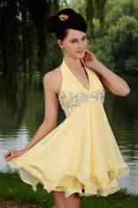 Sexy Halter Appliques Mini Length Yellow Short Prom Dress