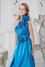 Discount One Shoulder Flowers Azure Blue Short Prom Dress