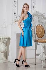 Discount One Shoulder Flowers Azure Blue Short Prom Dress