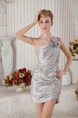 Sexy One Shoulder Neck Silver Elestic Woven Satin Short Evening Dress