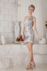 Sexy One Shoulder Neck Silver Elestic Woven Satin Short Evening Dress