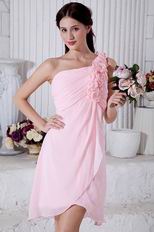 Lovely One Shoulder Rosette Strap Pink Prom Party Short Dress