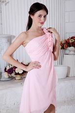Lovely One Shoulder Rosette Strap Pink Prom Party Short Dress
