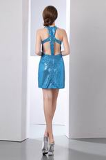 Sexy Halter Dodger Blue Flaring Sequin Fabric Short Prom Dress