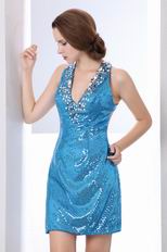 Sexy Halter Dodger Blue Flaring Sequin Fabric Short Prom Dress