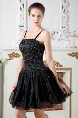 Sexy Spaghetti Straps Black Organza Short Prom Dress With Beading
