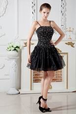 Sexy Spaghetti Straps Black Organza Short Prom Dress With Beading