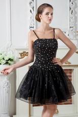 Sexy Spaghetti Straps Black Organza Short Prom Dress With Beading