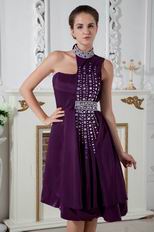 Unique Halter Colored Crystals Grape Purple Chiffon Short Evening Dress