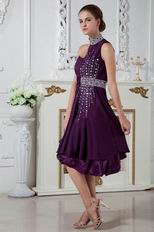 Unique Halter Colored Crystals Grape Purple Chiffon Short Evening Dress