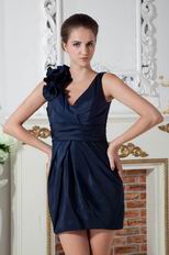 Not Expensive V-Neck Navy Blue Taffeta Evening Dress For Discount