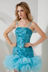 Lovely Spaghetti Straps Sequin Fabric Blue Short Prom Dress