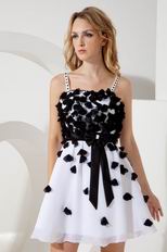 Lovely White Organza Mini Prom Dress With Black Flowers Decorate