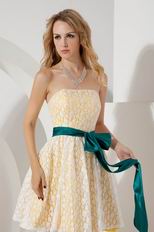 Sexy Strapless Short Daffodil Lace Short Prom Dress With Peacock Blue Belt