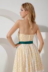 Sexy Strapless Short Daffodil Lace Short Prom Dress With Peacock Blue Belt