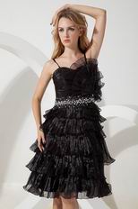 Spaghetti Straps Ruffled Layers Black Ice Tulle Evening Dress Short