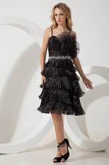 Spaghetti Straps Ruffled Layers Black Ice Tulle Evening Dress Short
