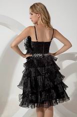 Spaghetti Straps Ruffled Layers Black Ice Tulle Evening Dress Short