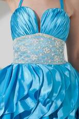 Unique Halter Ruffled Knee Length Skirt Flaring Blue Short Prom Dress