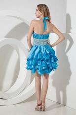 Unique Halter Ruffled Knee Length Skirt Flaring Blue Short Prom Dress