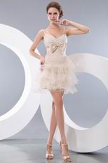 Lace Bodice Champagne Short Prom Dress With Bowknot Design