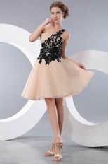 Left One Shoulder Champagne Short Prom Dress With Black Applique