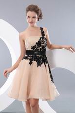 Left One Shoulder Champagne Short Prom Dress With Black Applique