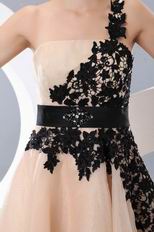 Left One Shoulder Champagne Short Prom Dress With Black Applique