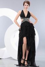 Deep V-Neck Exposed High Low Skirt Black Chiffon Prom Party Dress