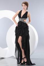 Deep V-Neck Exposed High Low Skirt Black Chiffon Prom Party Dress