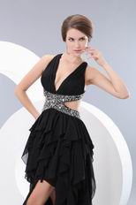 Deep V-Neck Exposed High Low Skirt Black Chiffon Prom Party Dress