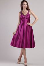 V-neck Cross Back Fuchsia Tea Length Pageant Celebrity Dress