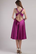 V-neck Cross Back Fuchsia Tea Length Pageant Celebrity Dress