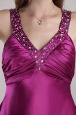 V-neck Cross Back Fuchsia Tea Length Pageant Celebrity Dress