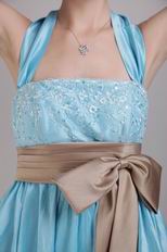 Halter Bowknot Strap High-low Aqua Blue Short Prom Dress