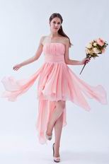 Strapless Ruched Bodice Draped Asymmetrical Pink Party Dress