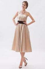 Modest One Shoulder Tea Length Short Prom Dress With Black Belt