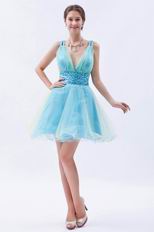 Colorful V-Neck Light Blue Custom Make Short Prom Dress