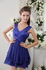 Pretty V-neck Short Blue Chiffon Ruched Dress For Prom Party