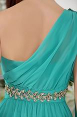 One Shoulder Knee-length Turquoise Chiffon Beaded Prom Short Dress