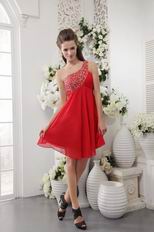 One Shoulder Designer Red Chiffon Short Prom Dress With Beading