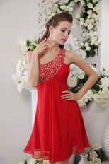 One Shoulder Designer Red Chiffon Short Prom Dress With Beading