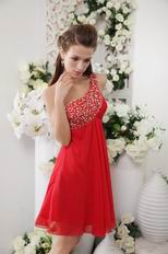 One Shoulder Designer Red Chiffon Short Prom Dress With Beading