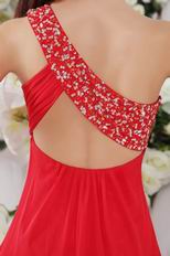 One Shoulder Designer Red Chiffon Short Prom Dress With Beading